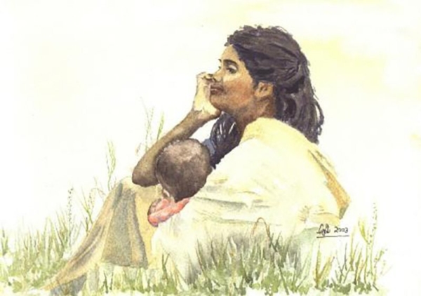 Mum and Babe India Watercolour